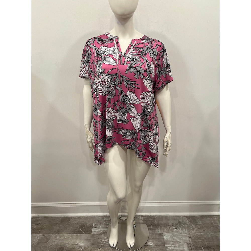 Ruby Rd Tunic Top Womans 2X Pink Tropical Floral V-Neck Sharkbite Hem Blouse Top